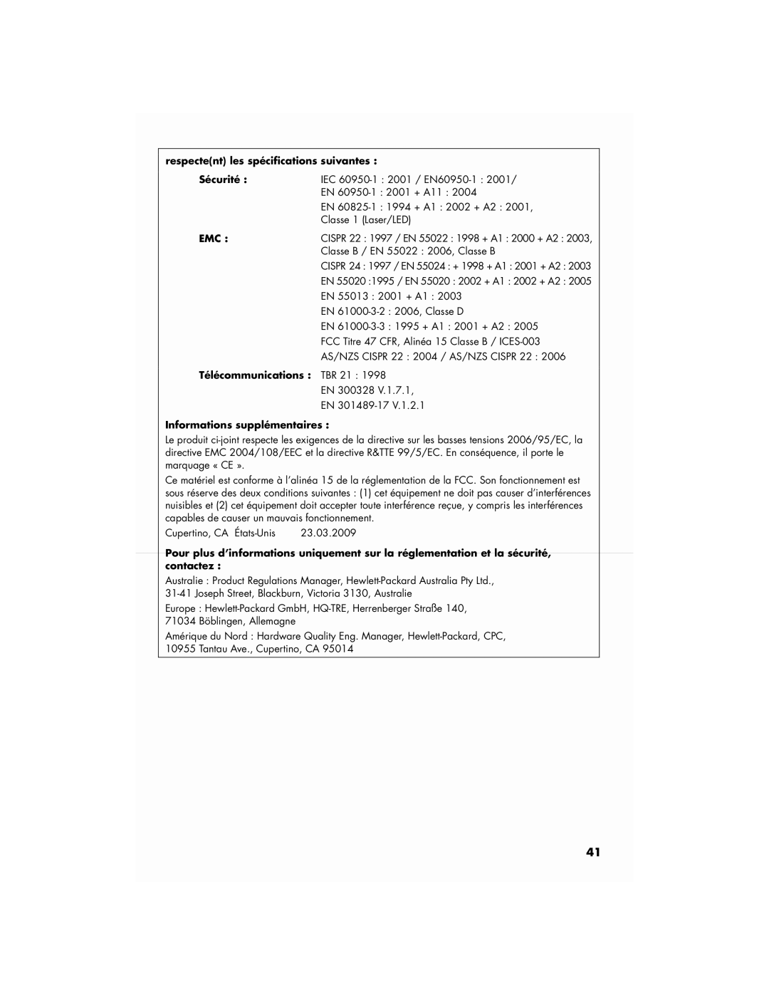 HP SR5027CL, a1777c manual Respectent les spécifications suivantes, Télécommunications TBR 21, Informations supplémentaires 