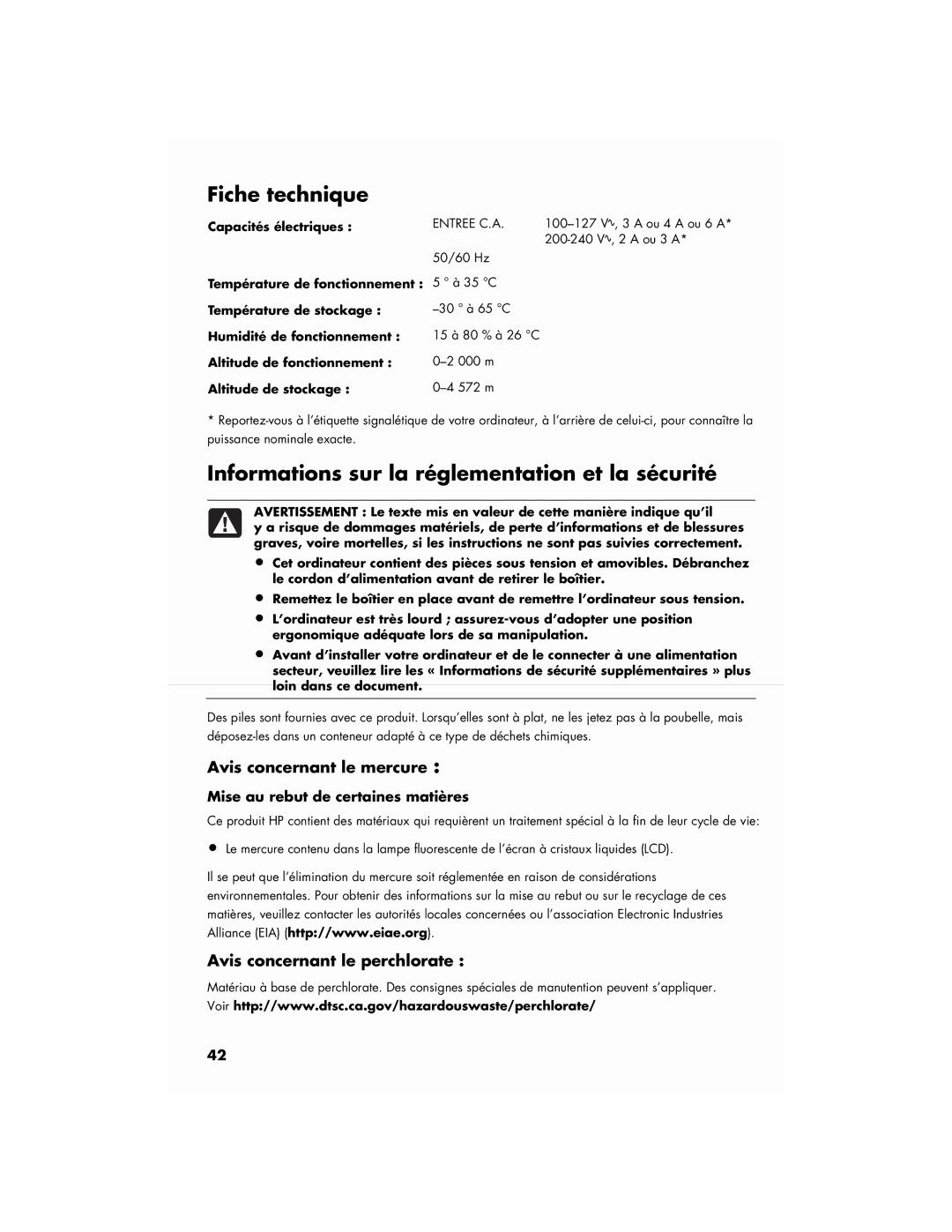 HP CQ5102F, a1777c, a1747c Avis concernant le mercure, Avis concernant le perchlorate, Mise au rebut de certaines matières 