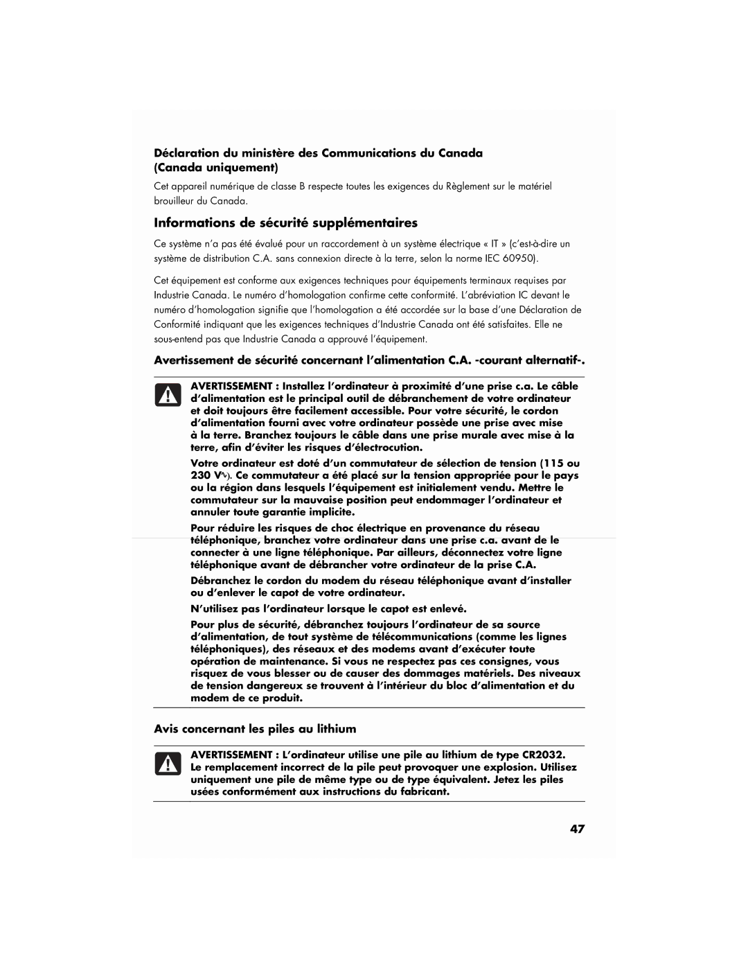 HP CQ5102F, a1777c, a1747c, SR5127CL, SR5027CL Informations de sécurité supplémentaires, Avis concernant les piles au lithium 