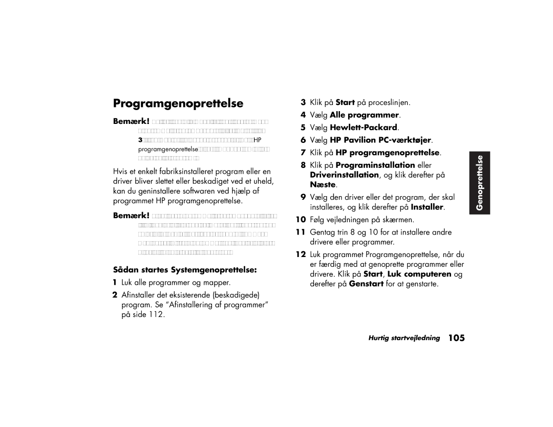 HP a210.dk, a200.dk manual Programgenoprettelse, Sådan startes Systemgenoprettelse, Klik på Programinstallation eller, Næste 