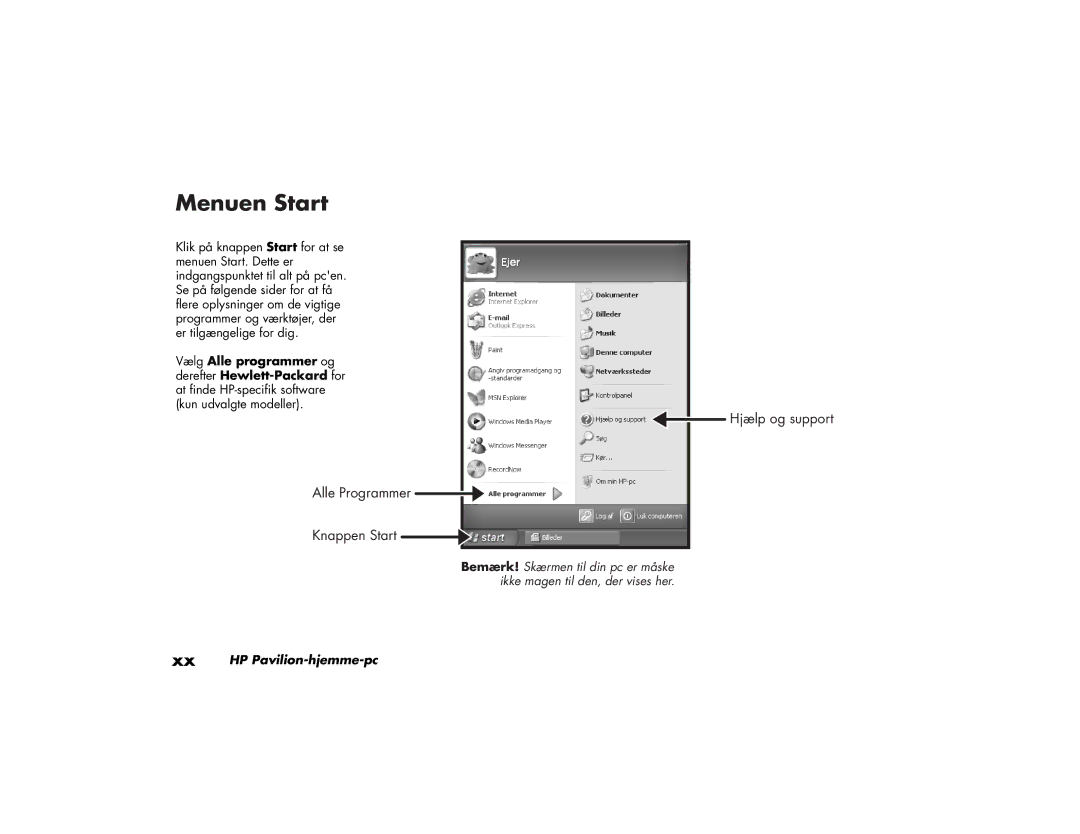 HP a200.dk, a210.dk, a230.dk, a220.dk manual Menuen Start, Hjælp og support Alle Programmer Knappen Start 