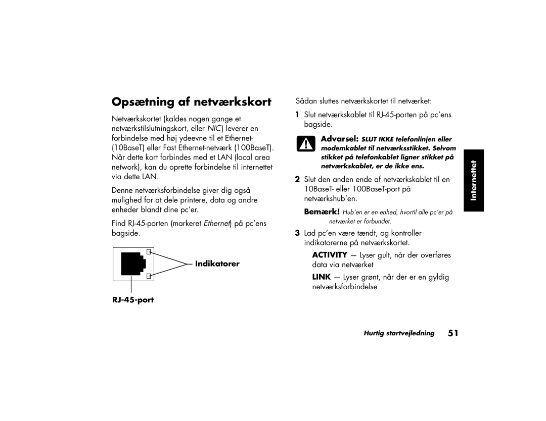 HP a220.dk, a200.dk, a210.dk, a230.dk manual Opsætning af netværkskort, Indikatorer RJ-45-port 