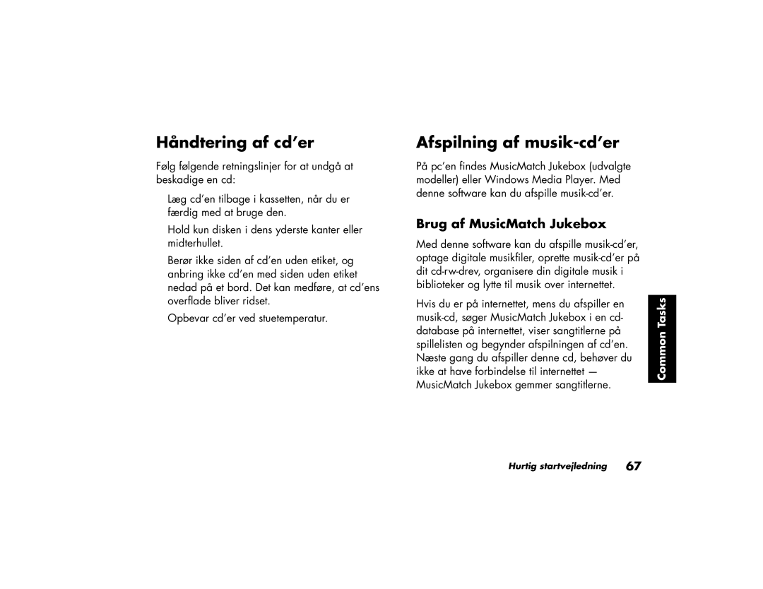 HP a220.dk, a200.dk, a210.dk, a230.dk manual Håndtering af cd’er, Afspilning af musik-cd’er, Brug af MusicMatch Jukebox 