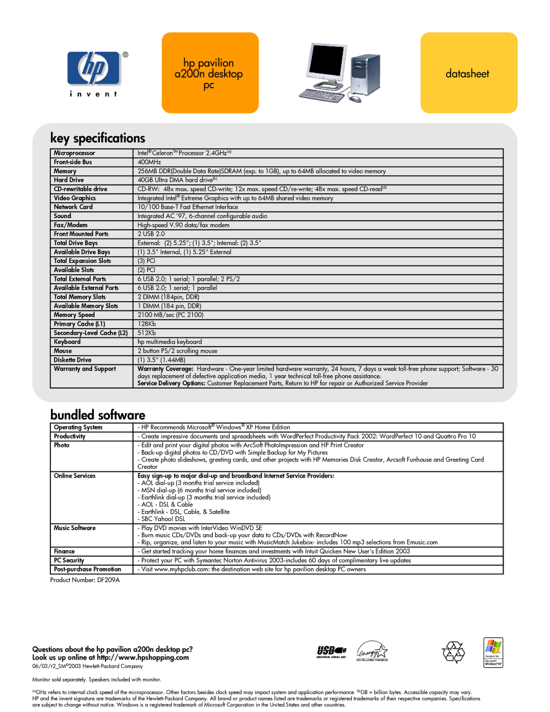 HP a200n (US/CAN) manual Key specifications, Bundled software, Questions about the hp pavilion a200n desktop pc?, Cd-Rw 