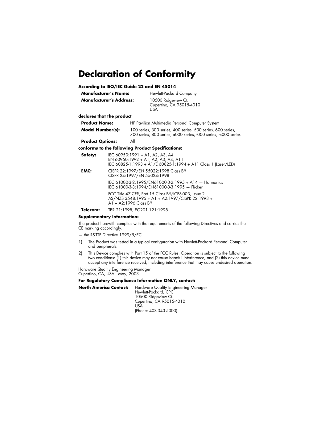 HP a250y (D7219P), a200y (D7219M), a210e (D7219K), a250y (D7219X) manual Declaration of Conformity, Declares that the product 