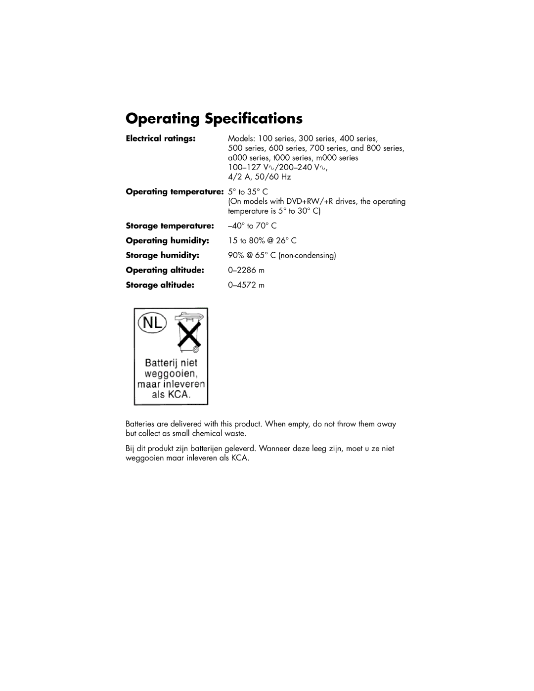 HP a250e (D7219L), a200y (D7219M), a210e (D7219K), a250y (D7219X), a250y (D7219W), a250y (D7219P) Operating Specifications 