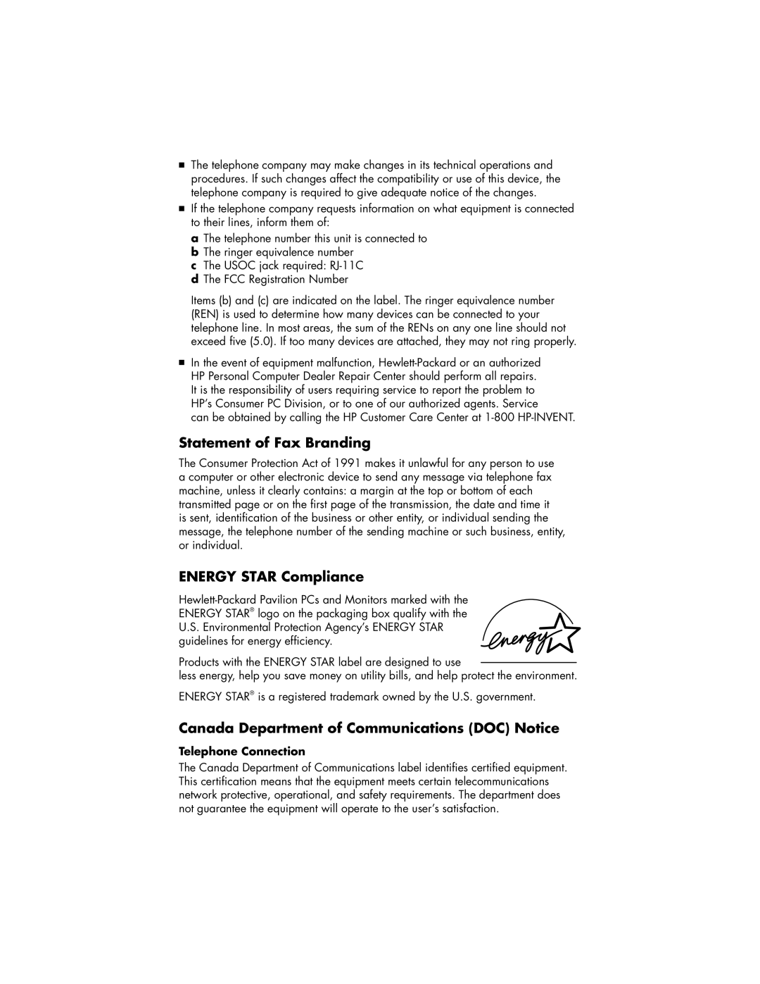 HP a210e (D7219K) manual Statement of Fax Branding, Energy Star Compliance, Canada Department of Communications DOC Notice 