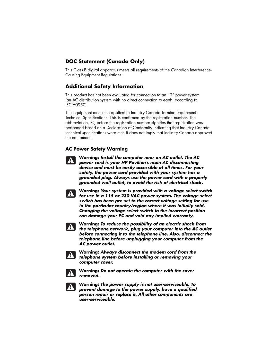 HP a250y (D7219W), a200y (D7219M), a210e (D7219K), a250y (D7219X) DOC Statement Canada Only, Additional Safety Information 