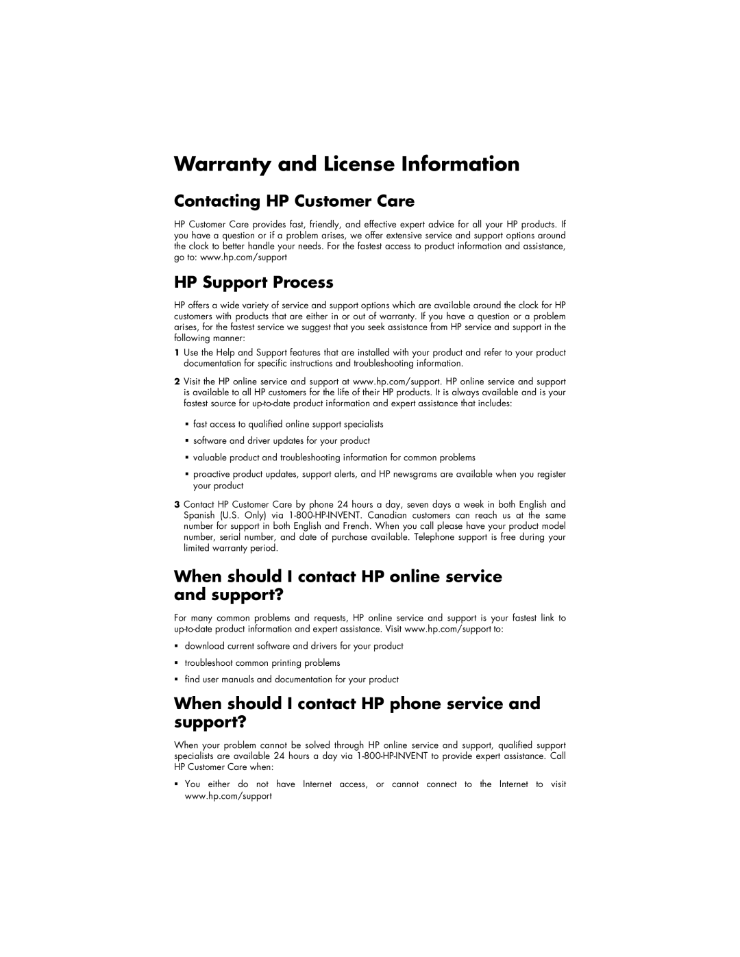 HP a250e (D7219L), a200y (D7219M) manual Warranty and License Information, Contacting HP Customer Care HP Support Process 