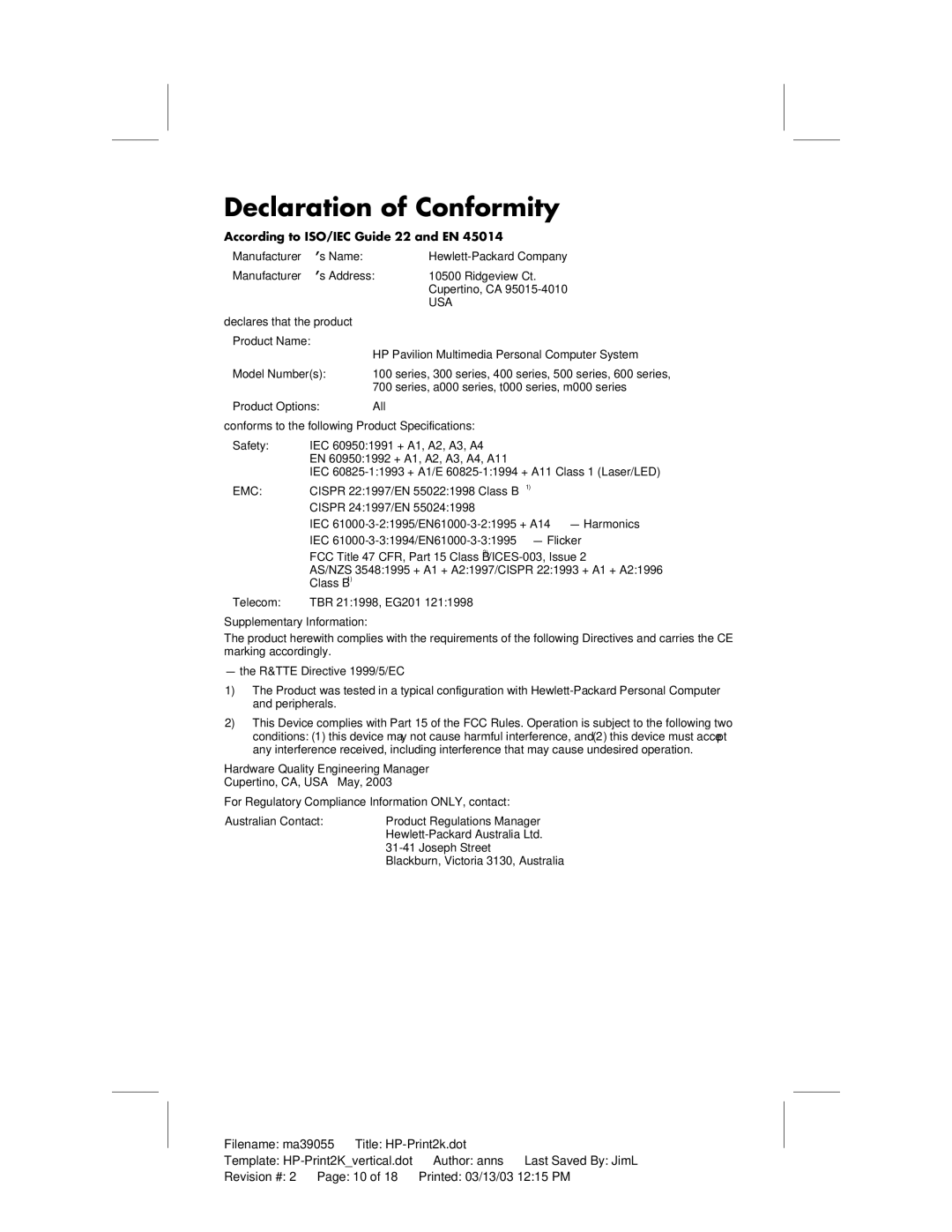 HP a210a (ap), a220a (ap) manual Declaration of Conformity, Model Numbers 