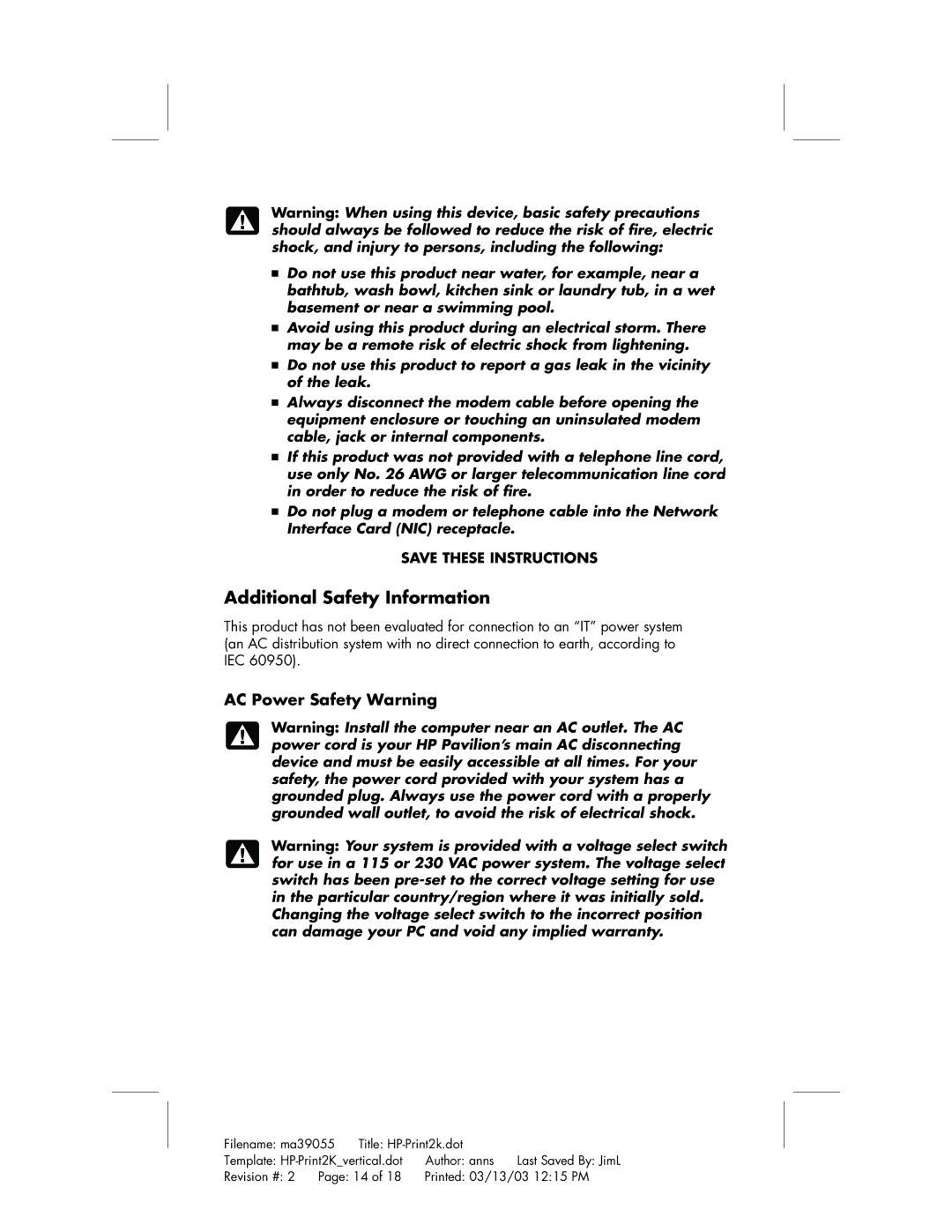 HP a210a (ap), a220a (ap) manual Additional Safety Information, AC Power Safety Warning 