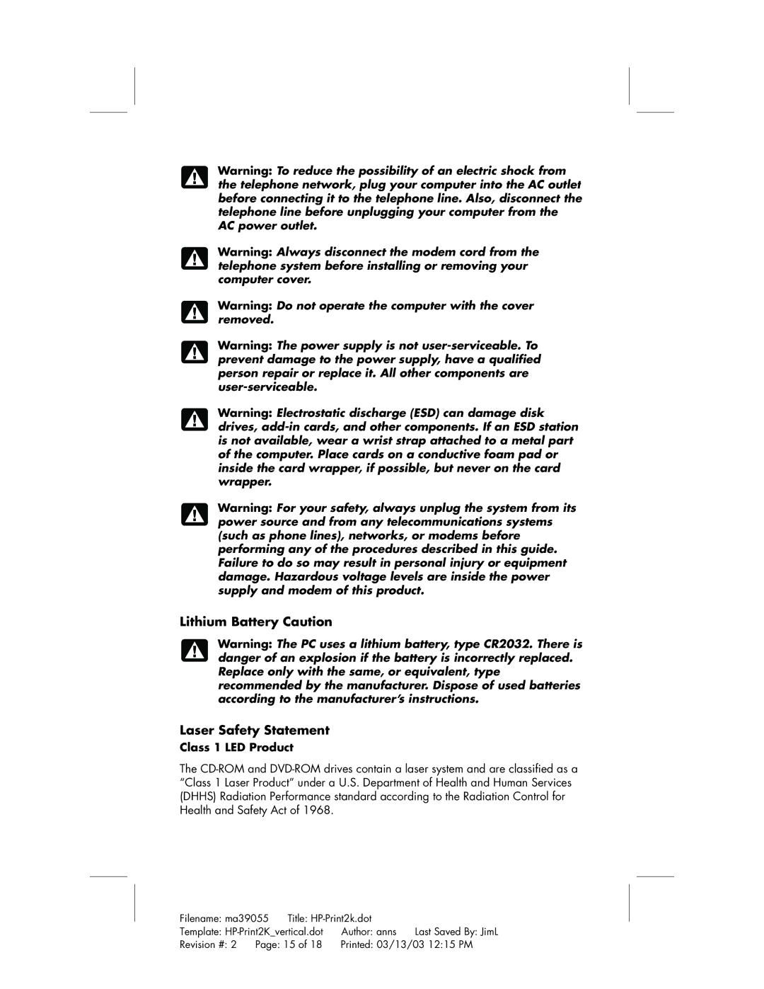 HP a220a (ap), a210a (ap) manual Lithium Battery Caution Laser Safety Statement, Class 1 LED Product 