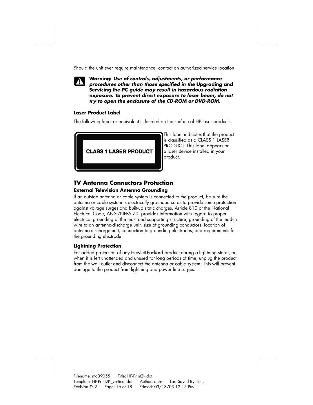 HP a210a (ap), a220a (ap) TV Antenna Connectors Protection, Laser Product Label, External Television Antenna Grounding 