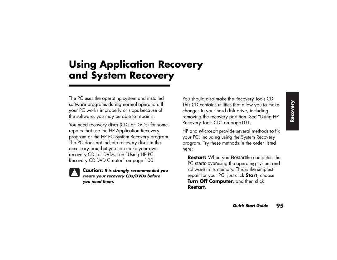 HP a220a (ap), a210a (ap) manual Using Application Recovery and System Recovery 