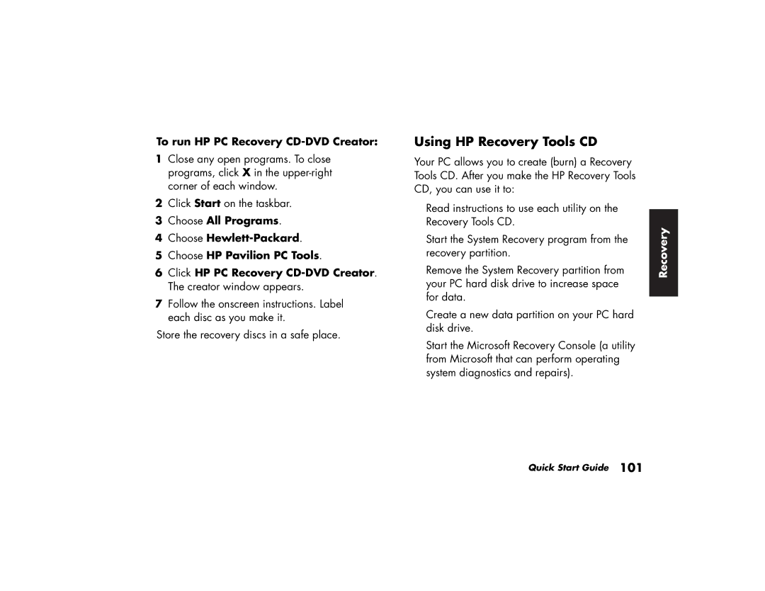 HP a220a (ap), a210a (ap) manual Using HP Recovery Tools CD, To run HP PC Recovery CD-DVD Creator 