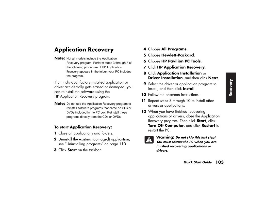 HP a220a (ap), a210a (ap) manual To start Application Recovery 