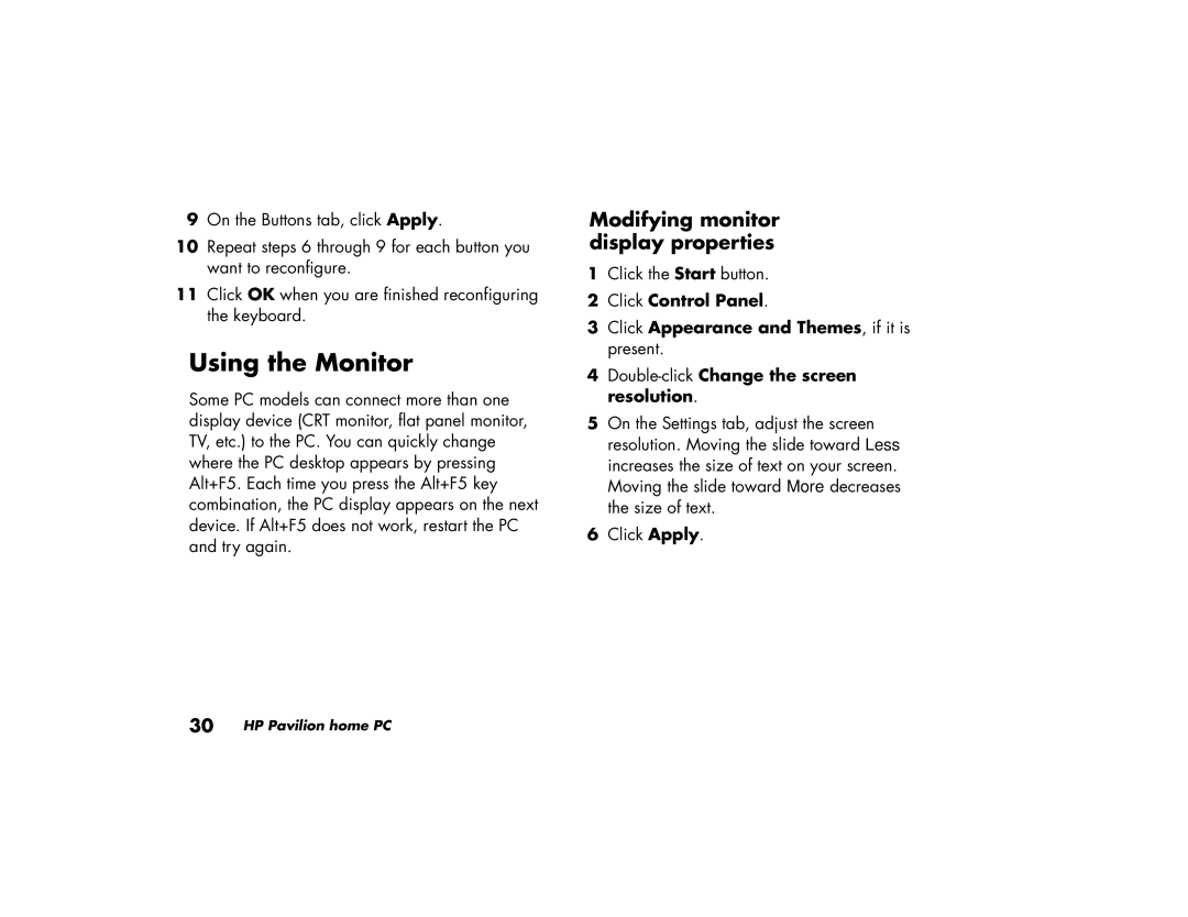 HP a210a (ap) manual Using the Monitor, Modifying monitor display properties, Double-clickChange the screen resolution 