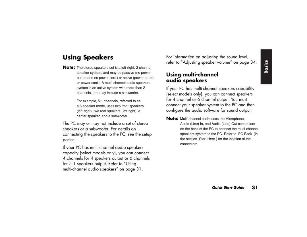 HP a220a (ap), a210a (ap) manual Using Speakers, Using multi-channel audio speakers 