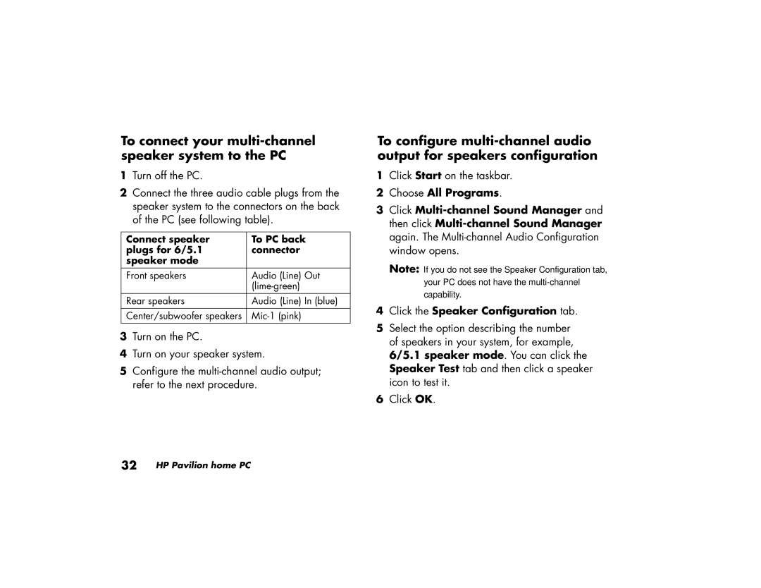 HP a210a (ap), a220a (ap) manual To connect your multi-channel speaker system to the PC, Click the Speaker Configuration tab 