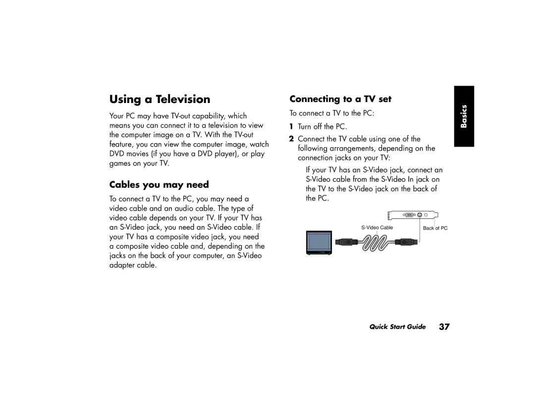 HP a220a (ap), a210a (ap) manual Using a Television, Cables you may need, Connecting to a TV set 