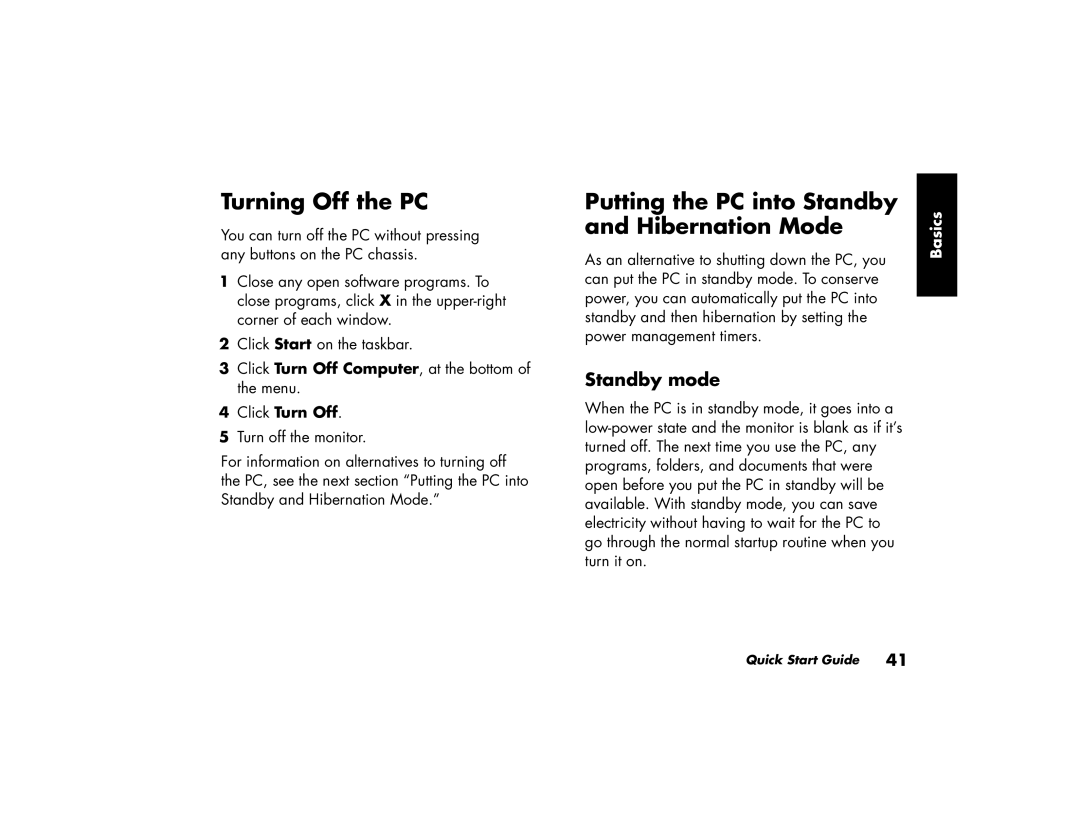 HP a220a (ap), a210a (ap) Turning Off the PC, Putting the PC into Standby, Hibernation Mode, Standby mode, Click Turn Off 