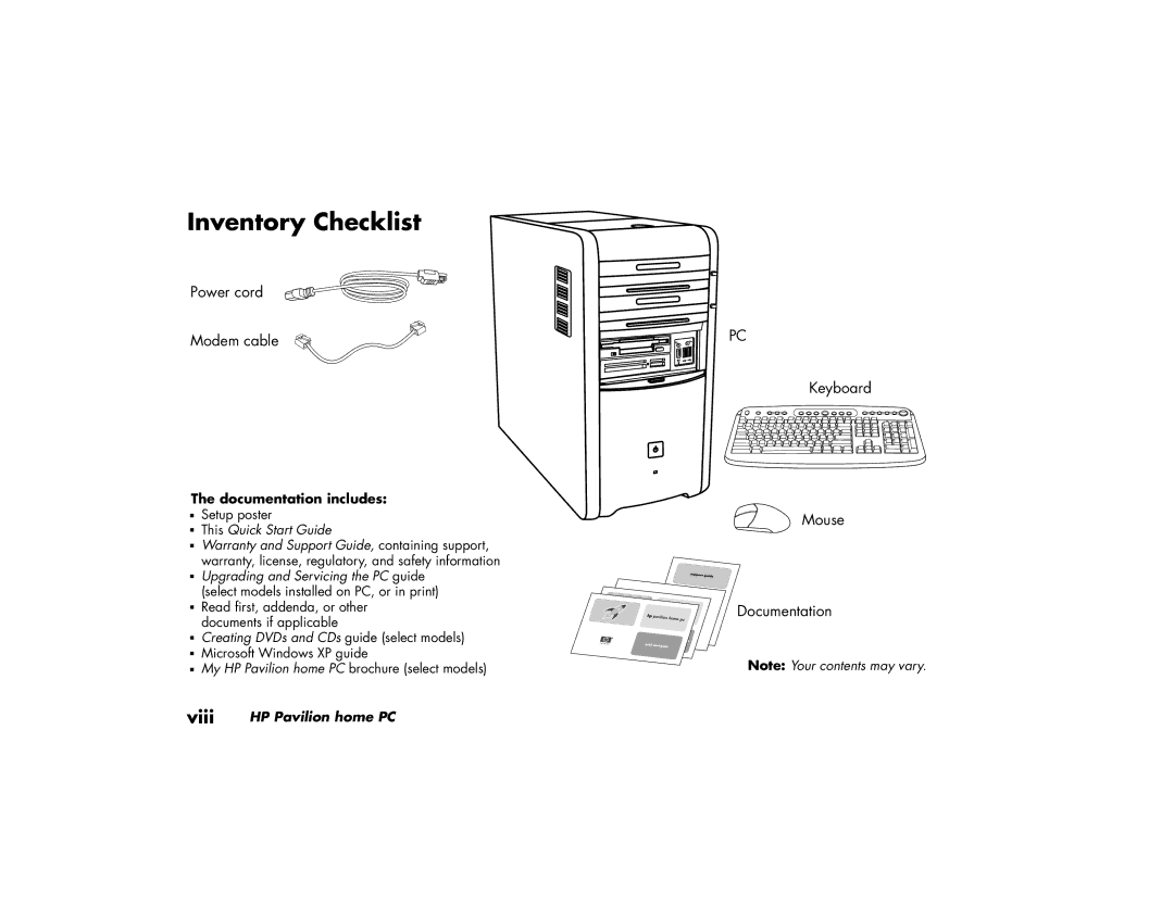 HP a210a (ap), a220a (ap) manual Inventory Checklist, Power cord Modem cable 