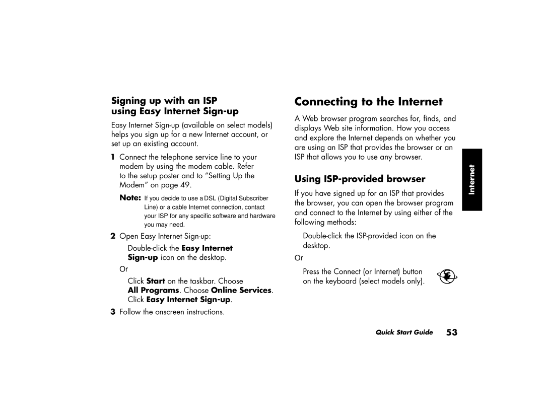HP a220a (ap) Connecting to the Internet, Signing up with an ISP using Easy Internet Sign-up, Using ISP-provided browser 