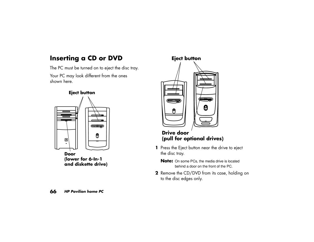 HP a210a (ap), a220a (ap) manual Inserting a CD or DVD, Eject button Door Lower for 6-In-1 and diskette drive 