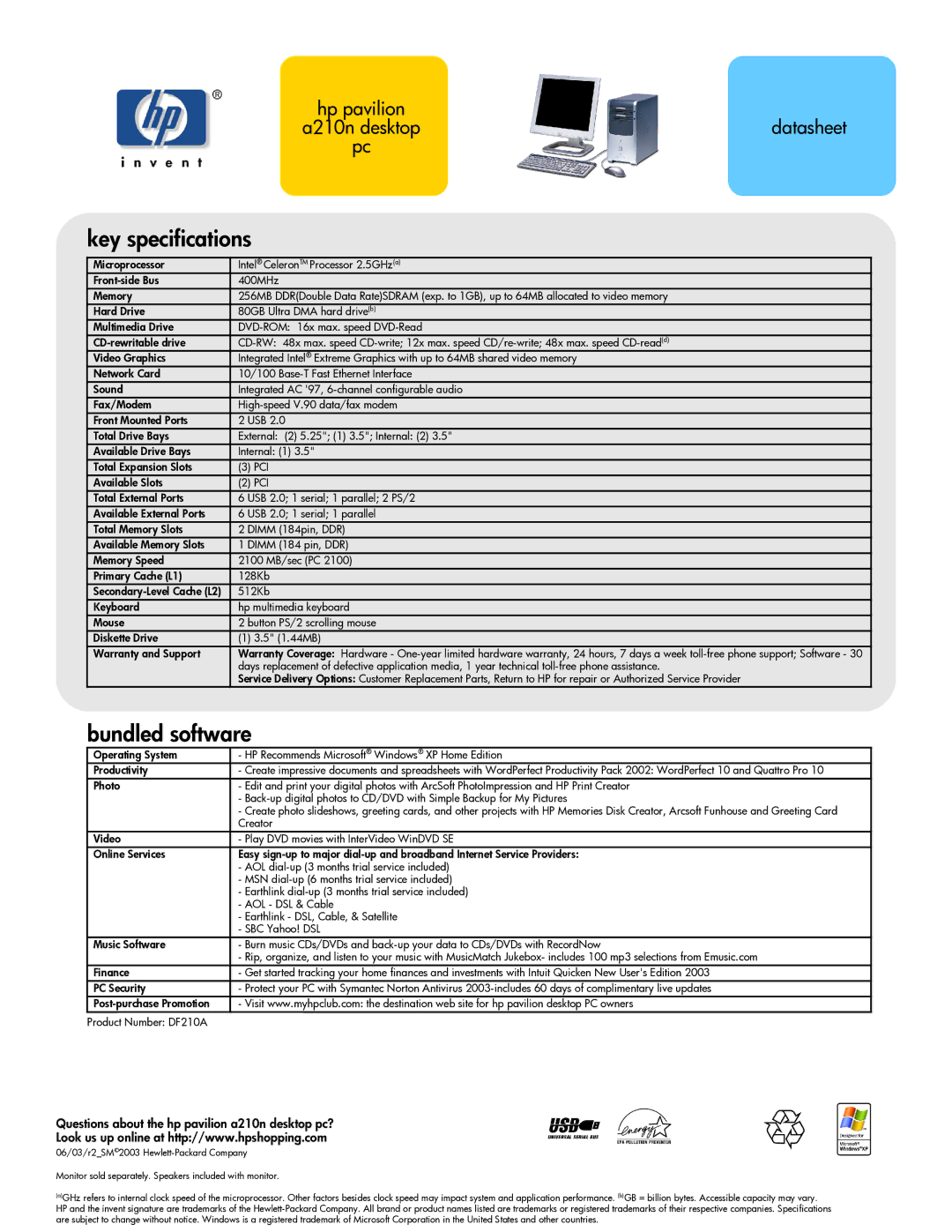 HP a210n (US/CAN) manual Key specifications, Bundled software, Questions about the hp pavilion a210n desktop pc?, Cd-Rw 