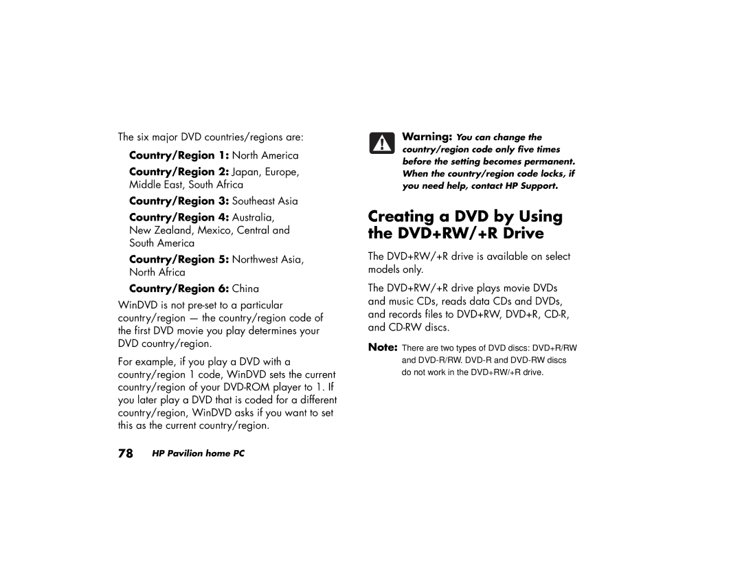 HP a219.uk Creating a DVD by Using the DVD+RW/+R Drive, Country/Region 1 North America, Country/Region 3 Southeast Asia 