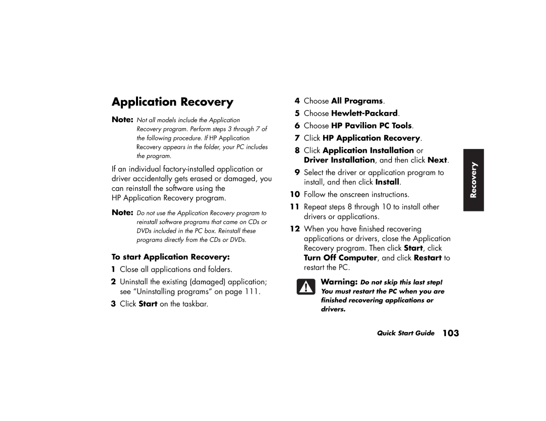 HP a210.uk, a219.uk manual To start Application Recovery 