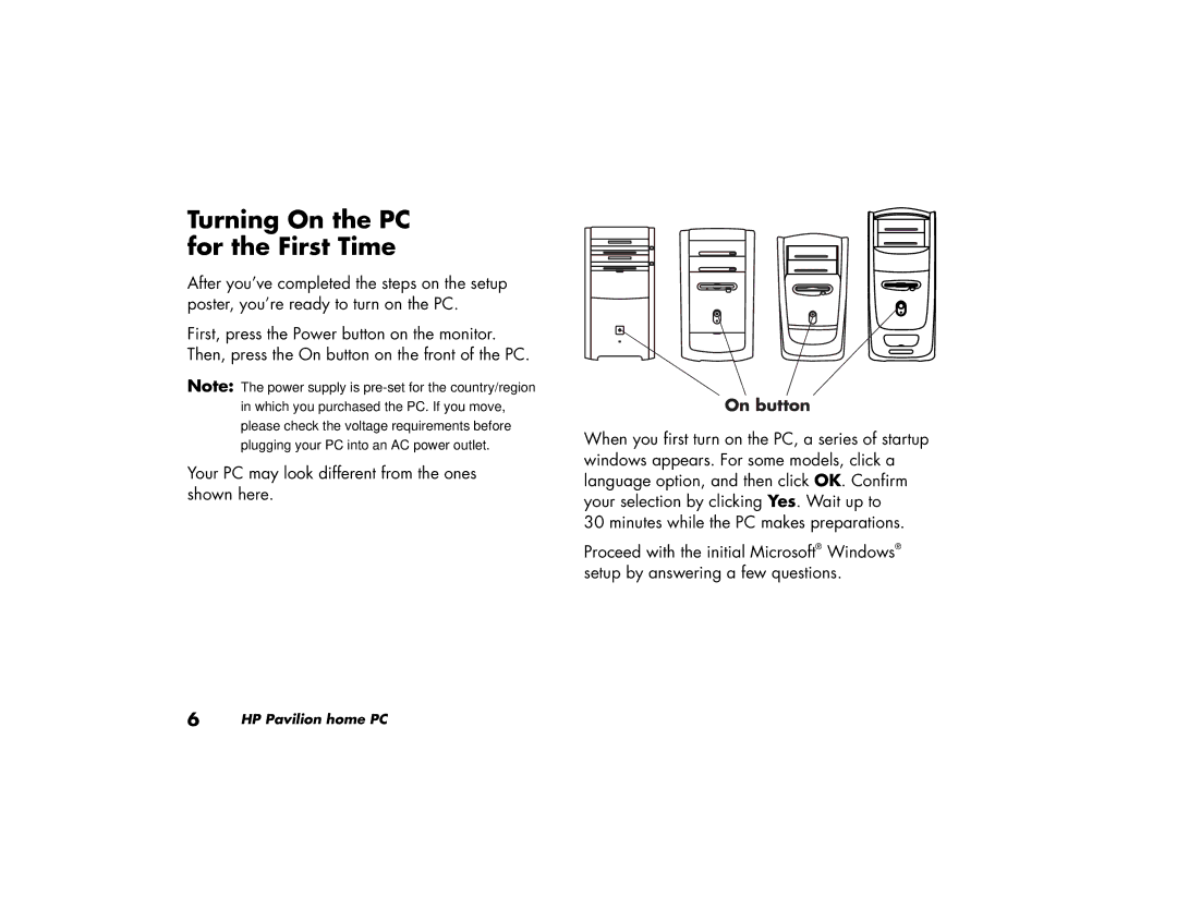 HP a219.uk, a210.uk manual Turning On the PC for the First Time, On button 