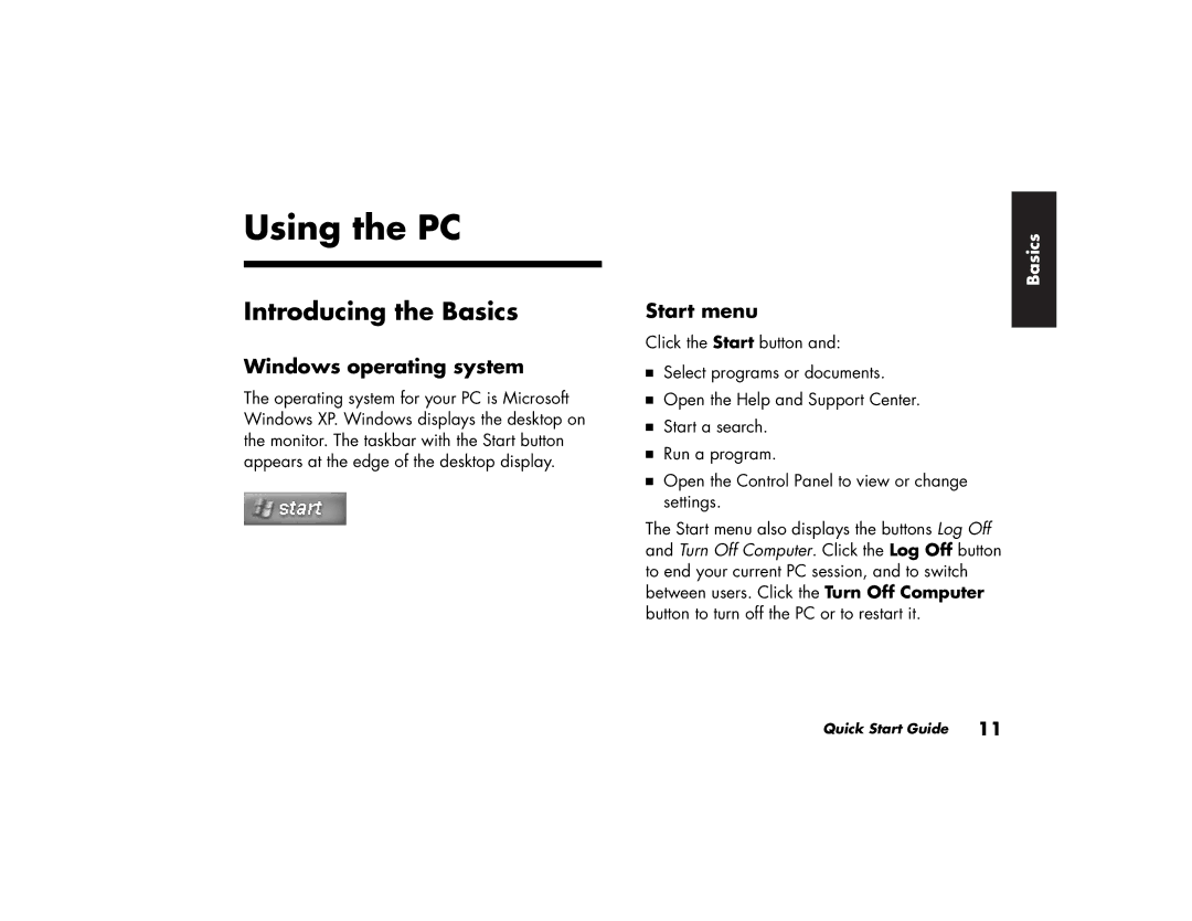 HP a210.uk, a219.uk manual Introducing the Basics, Windows operating system, Start menu 