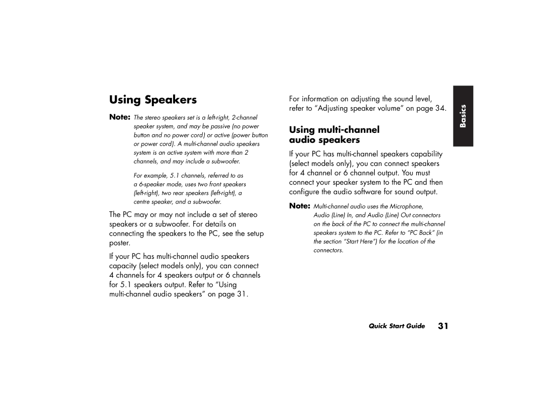 HP a210.uk, a219.uk manual Using Speakers, Using multi-channel audio speakers 