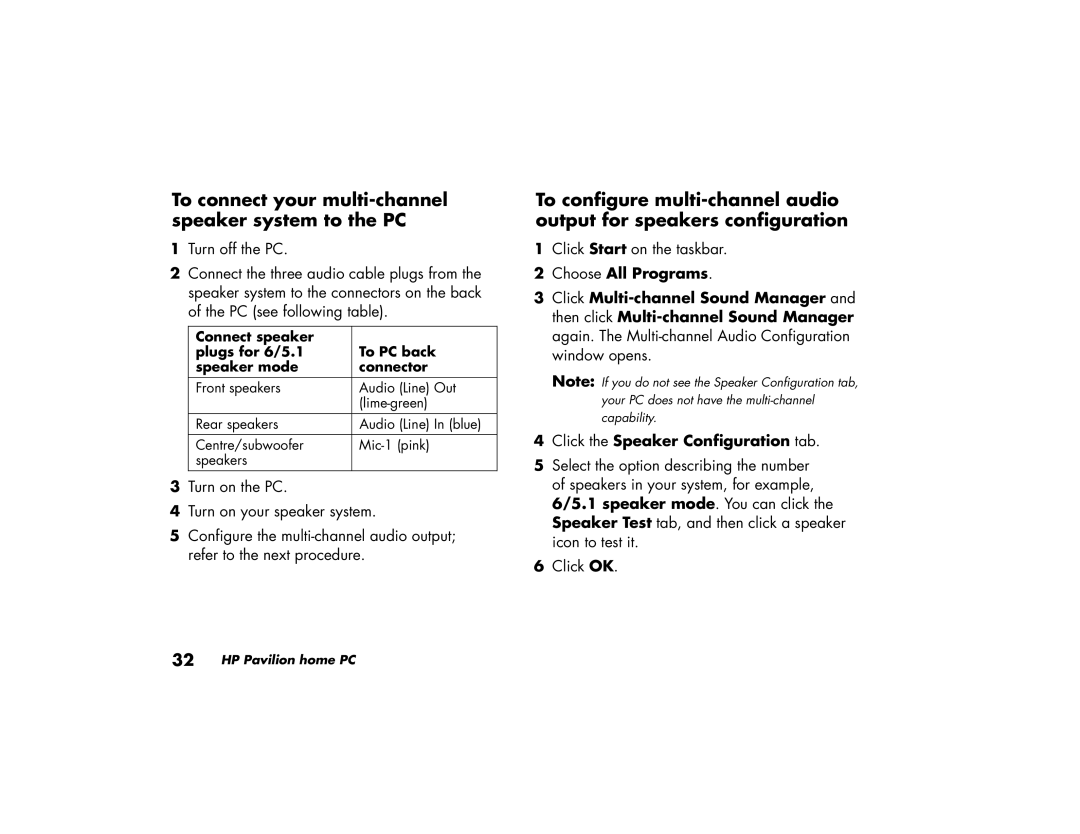 HP a219.uk, a210.uk manual To connect your multi-channel speaker system to the PC, Click the Speaker Configuration tab 