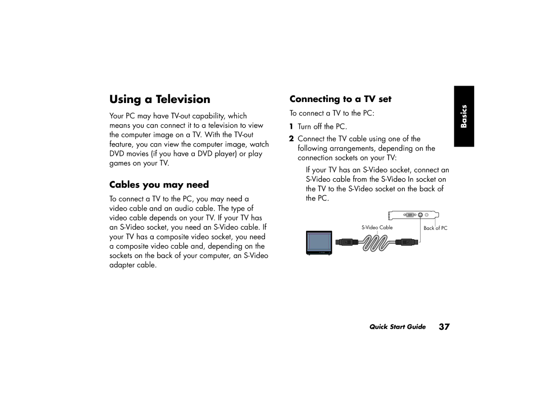 HP a210.uk, a219.uk manual Using a Television, Cables you may need, Connecting to a TV set 