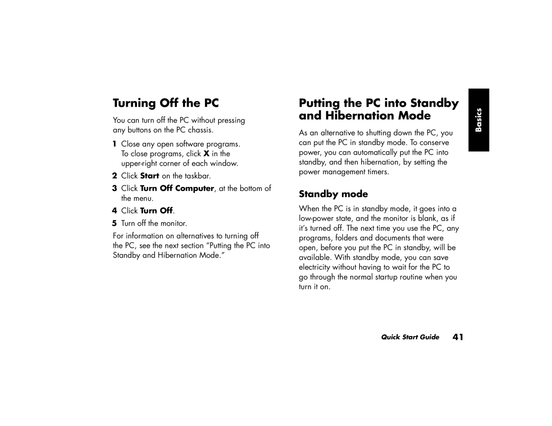 HP a210.uk, a219.uk manual Turning Off the PC, Putting the PC into Standby, Hibernation Mode, Standby mode, Click Turn Off 