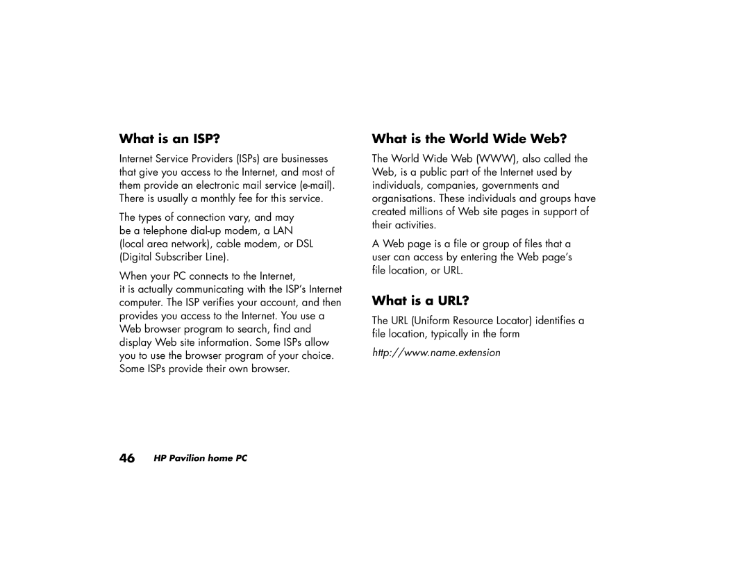 HP a219.uk, a210.uk manual What is an ISP?, What is the World Wide Web?, What is a URL? 