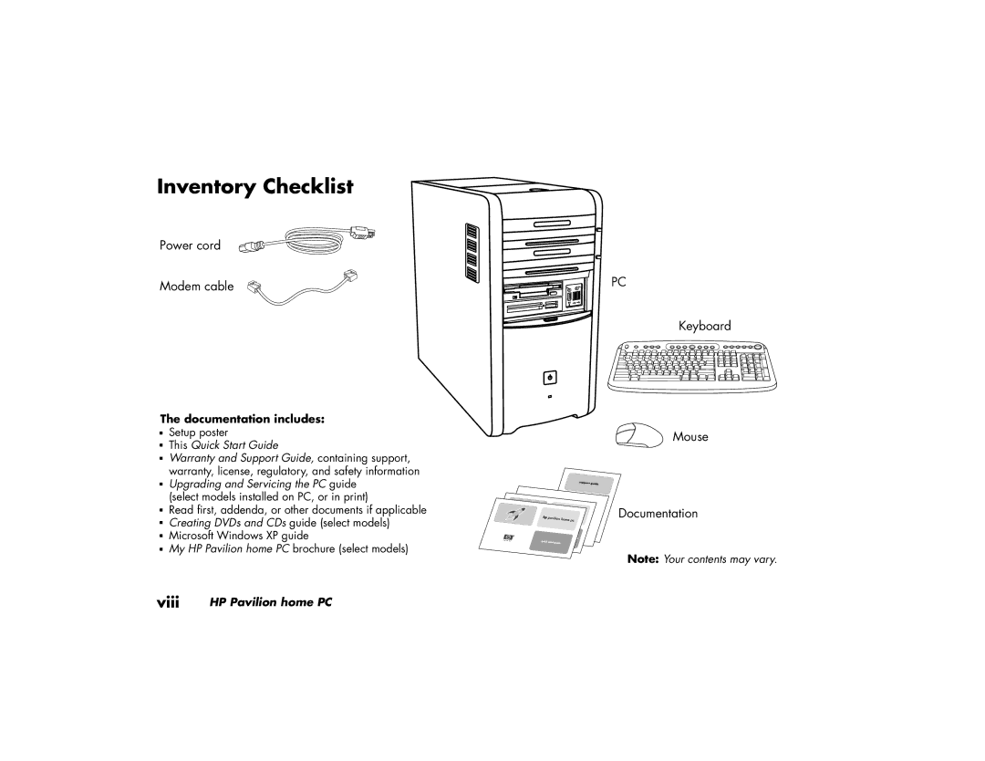 HP a219.uk, a210.uk manual Inventory Checklist, Power cord Modem cable 