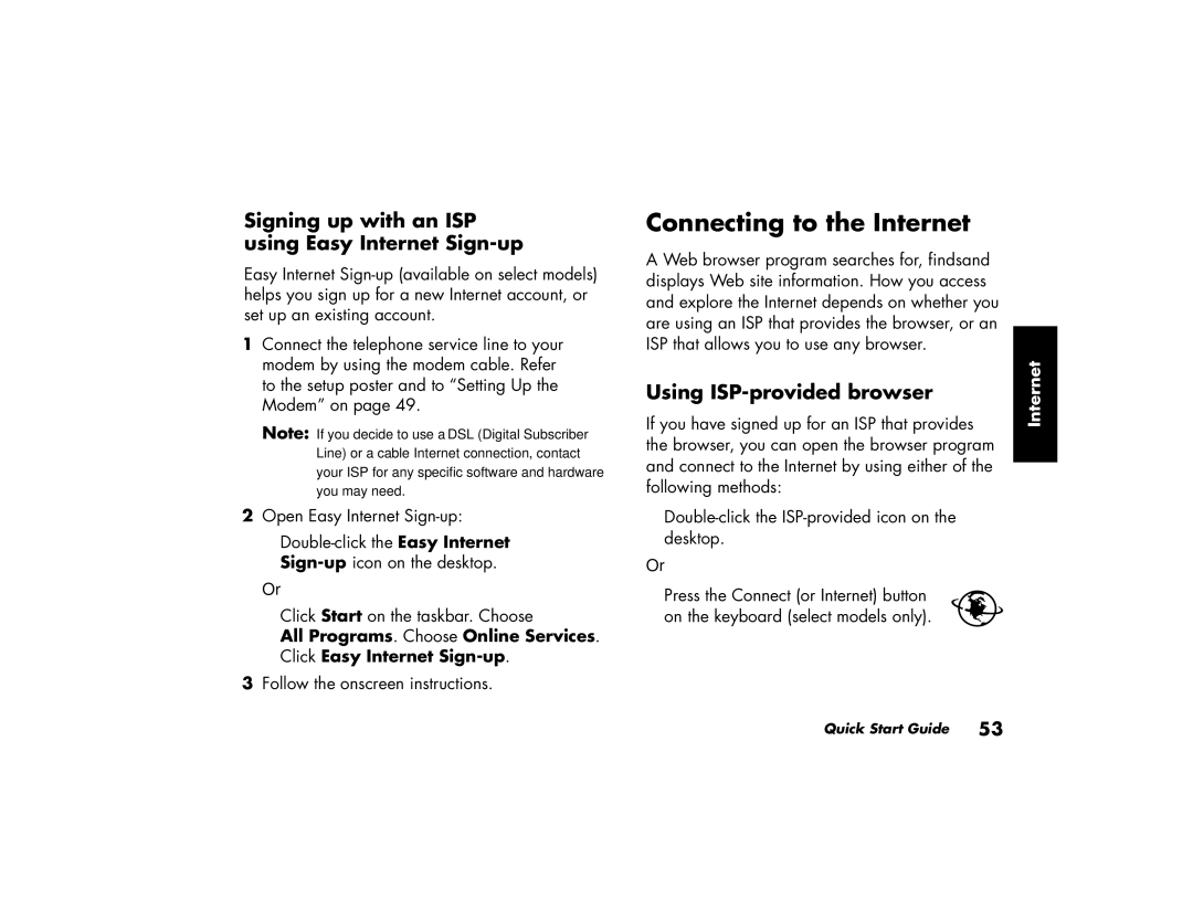 HP a210.uk Connecting to the Internet, Signing up with an ISP using Easy Internet Sign-up, Using ISP-provided browser 