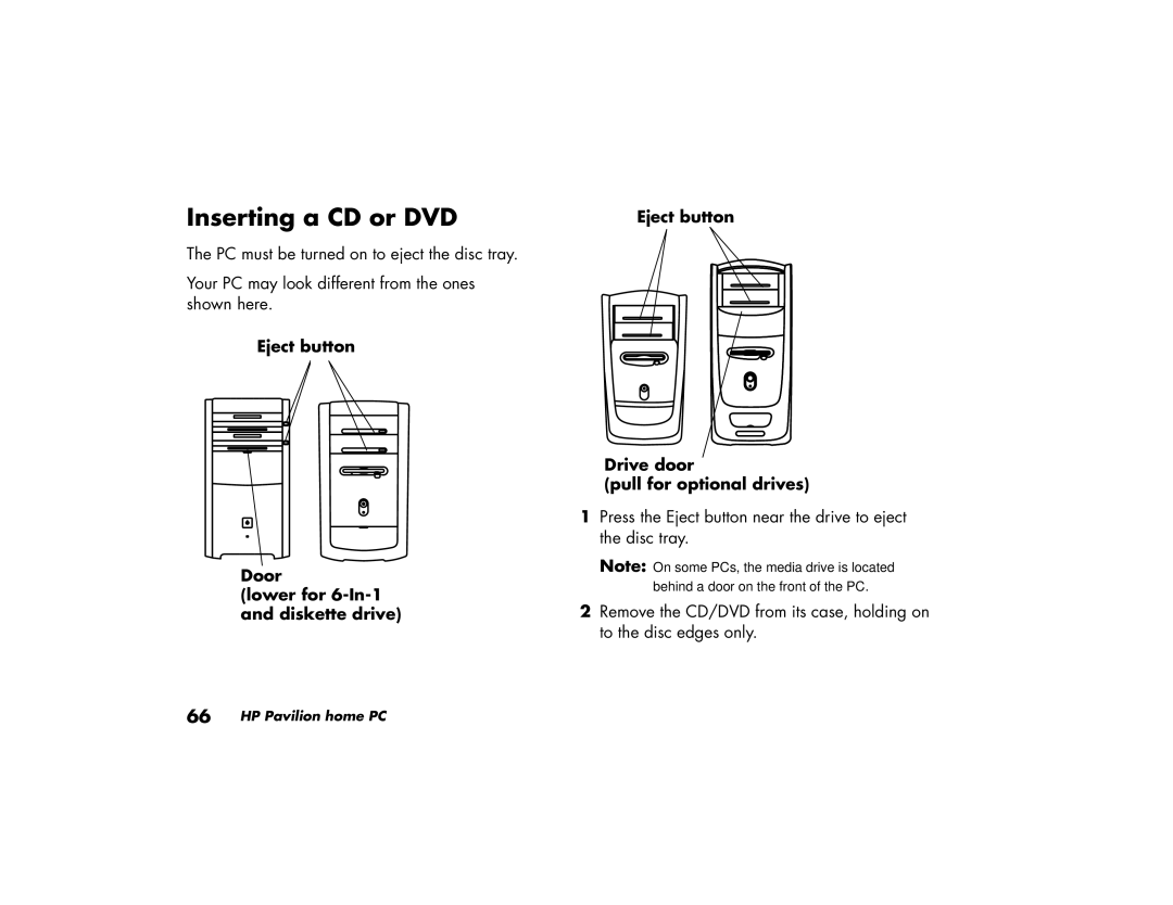 HP a219.uk, a210.uk manual Inserting a CD or DVD, Eject button Door Lower for 6-In-1 and diskette drive 