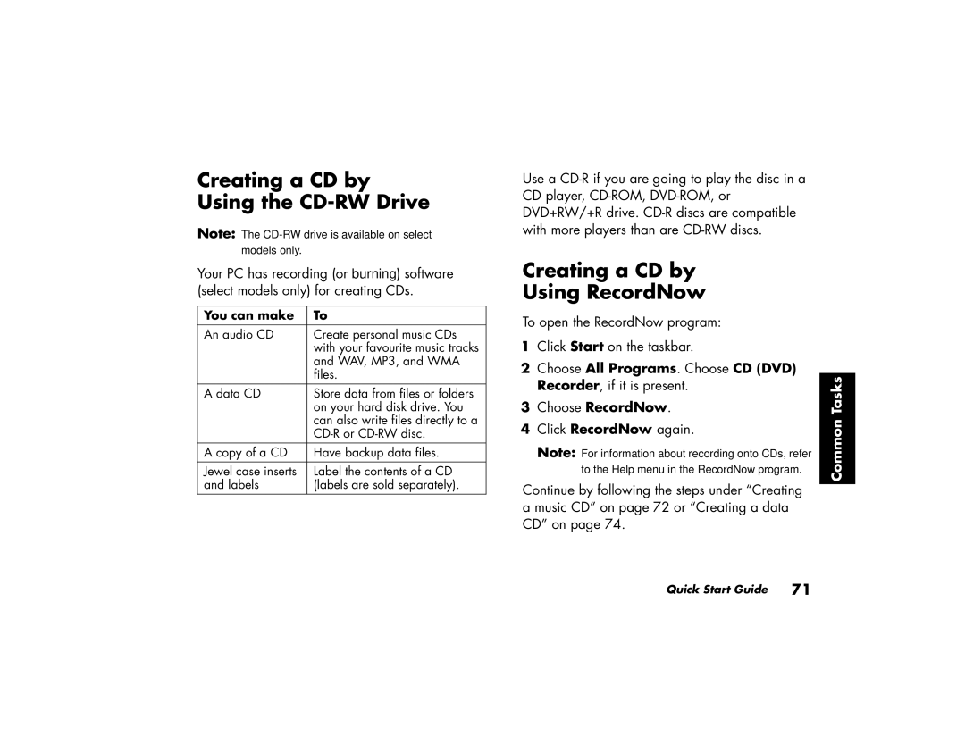 HP a210.uk, a219.uk manual Creating a CD by Using the CD-RW Drive, Creating a CD by Using RecordNow, Choose RecordNow 