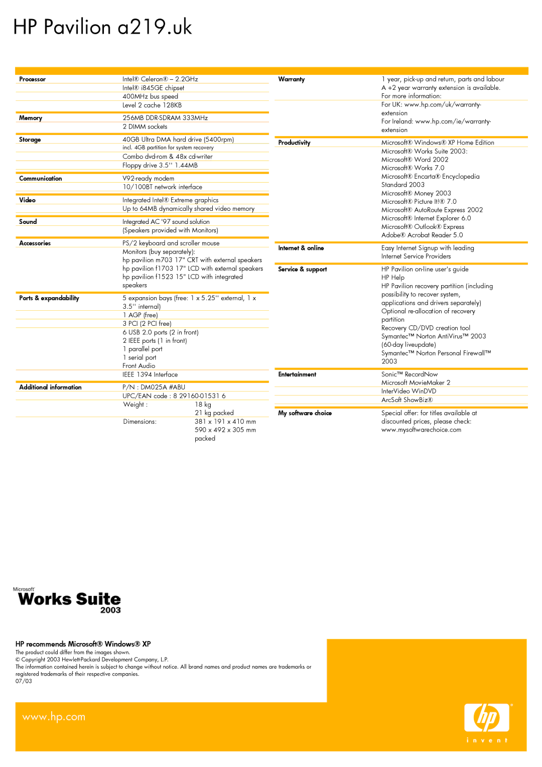 HP a219.uk manual HP recommends Microsoft Windows XP 