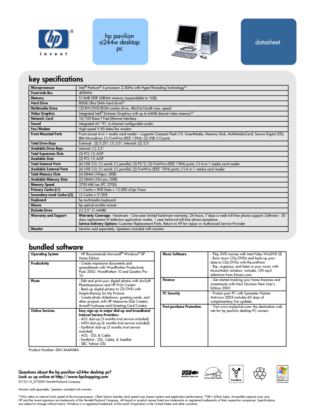 HP a244w (US/CAN) manual Key specifications, Bundled software, Questions about the hp pavilion a244w desktop pc? 