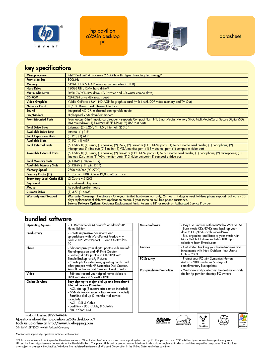 HP manual Key specifications, Bundled software, Questions about the hp pavilion a250n desktop pc?, Cd-Rom 