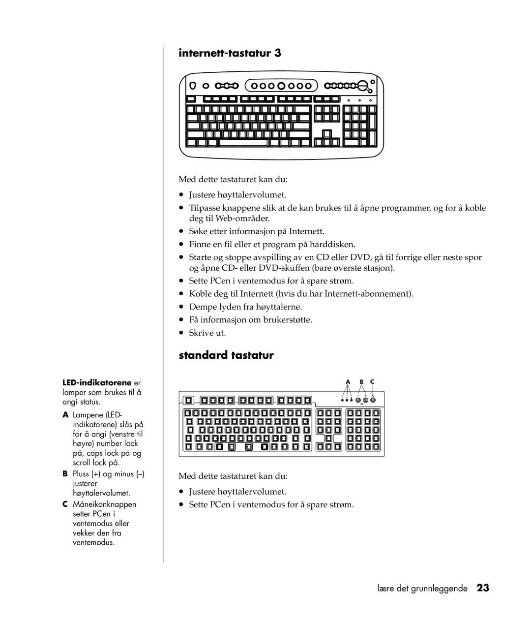 HP a300.no manual Standard tastatur, LED-indikatorene er lamper som brukes til å angi status 