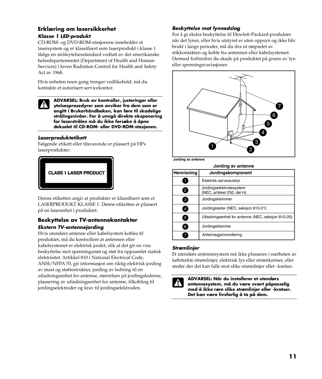 HP a300.no manual Erklæring om lasersikkerhet, Beskyttelse av TV-antennekontakter 