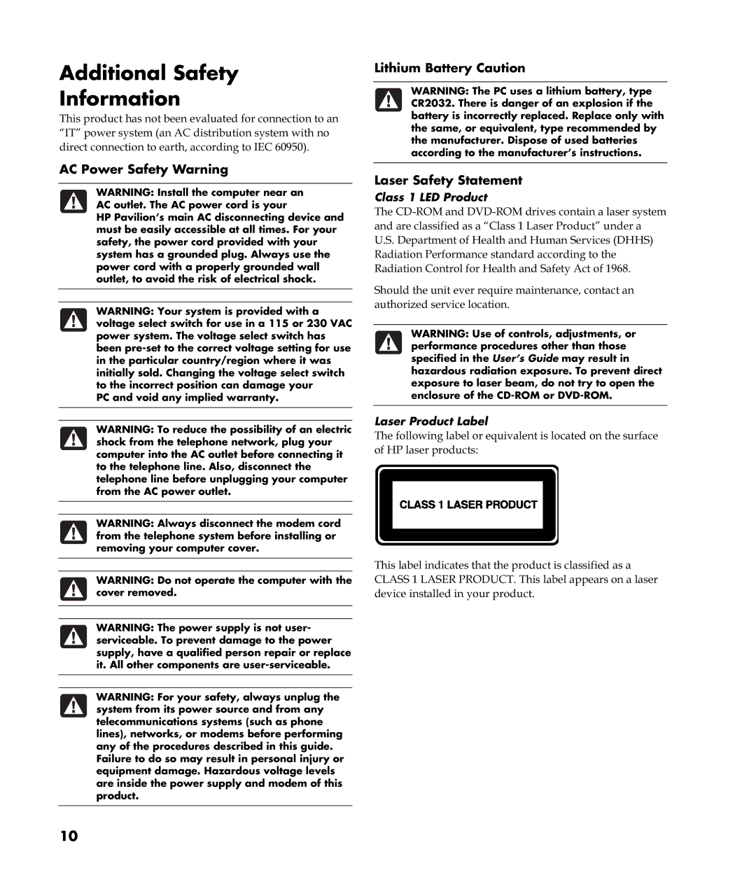 HP a305I (ap) manual AC Power Safety Warning, Lithium Battery Caution Laser Safety Statement 