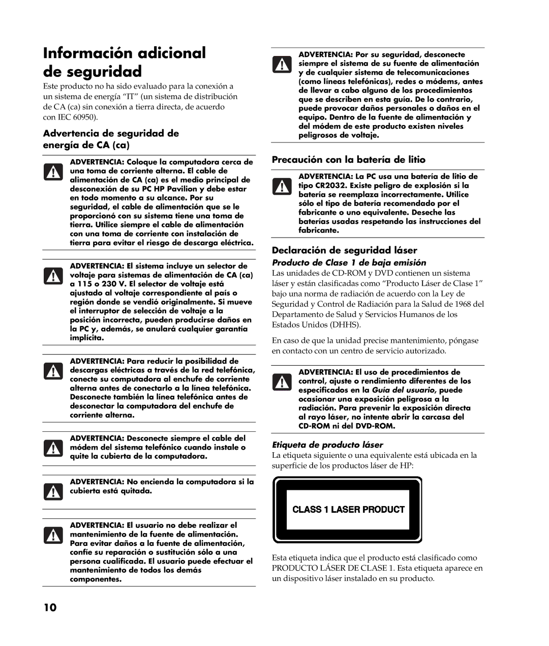 HP a305wm (la) manual Advertencia de seguridad de energía de CA ca, Precaución con la batería de litio 