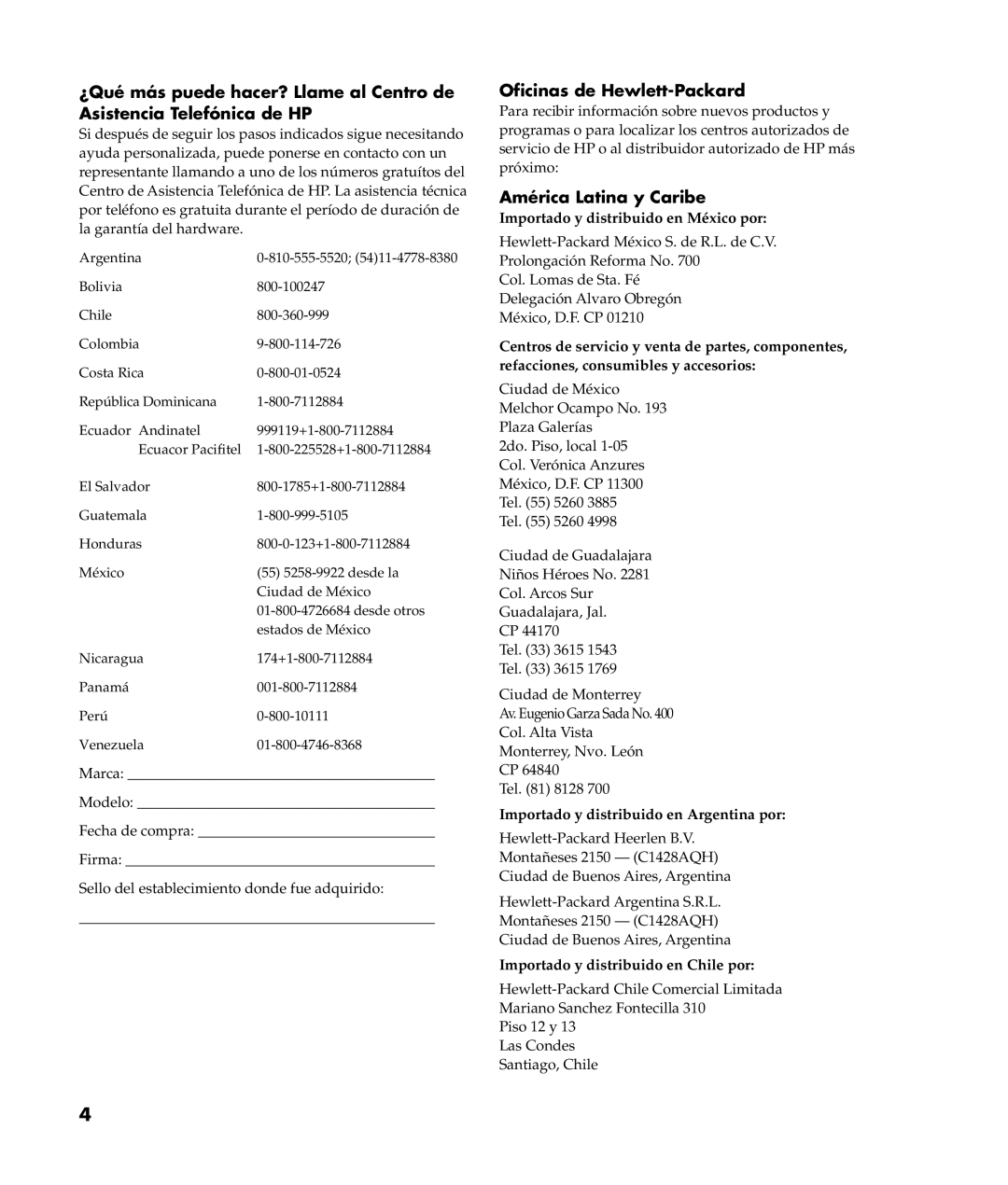 HP a305wm (la) manual Oficinas de Hewlett-Packard, América Latina y Caribe, Importado y distribuido en México por 